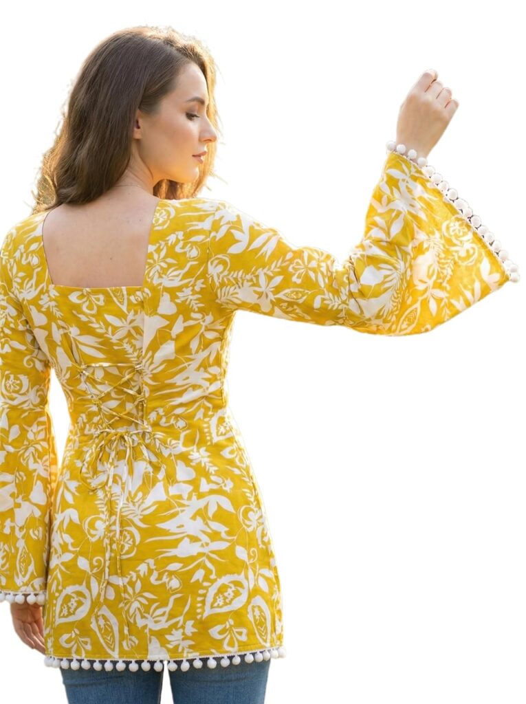 Women's Premium Viscose Rayon Floral Printed Short Kurti | Stylish Bell Sleeves with Pom-Pom Lace | Tunic Top for Jeans & Office Wear