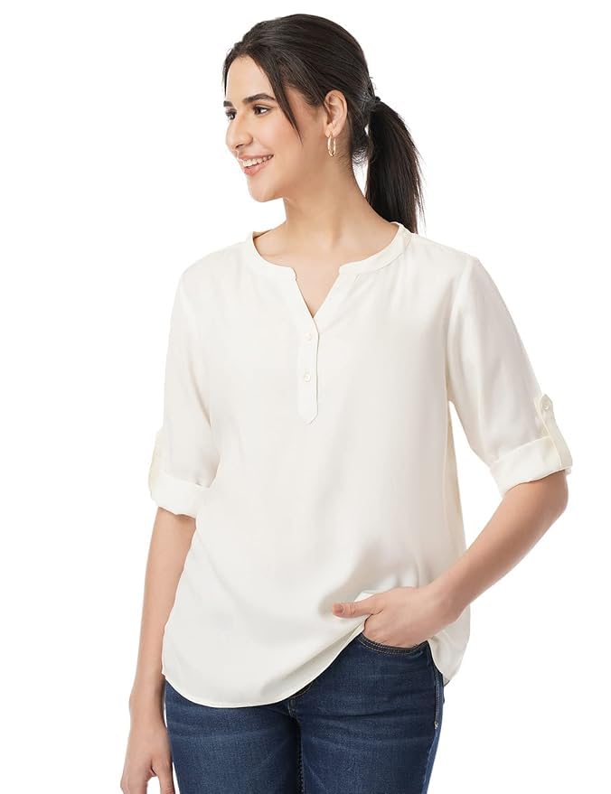 FYLTR Women's Casual Roll -Up Sleeves Rayon V-Neck Top - Western Tops | Shirts for Women | Soft & Comfortable | Tops for Jeans