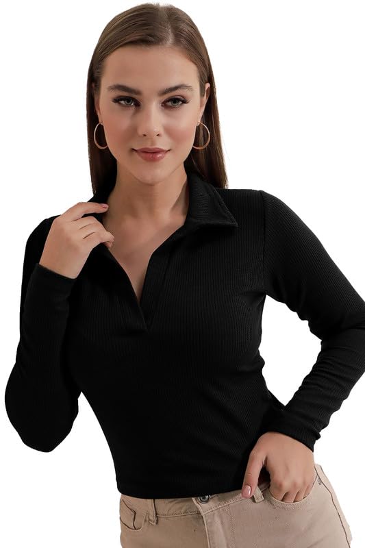 Dream Beauty Fashion Women's Collared Neck Long Sleeve Slim Fit Casual Tee Top, 23" inches (Apple-01-P)