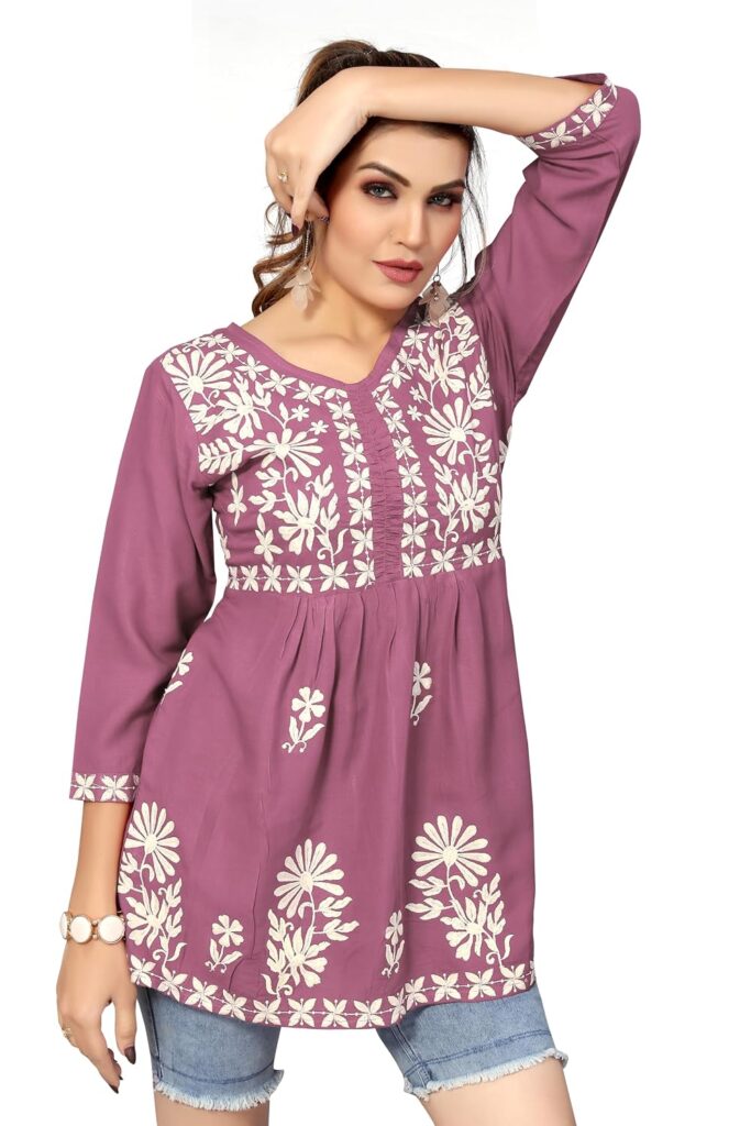 Bee M Pee Designer Short Regular Fit Kurti Tops for Jeans for Women I Chikankari Rayon Cotton Long Kurta Kurti for Women I Stylish wear Kurti top for Girls