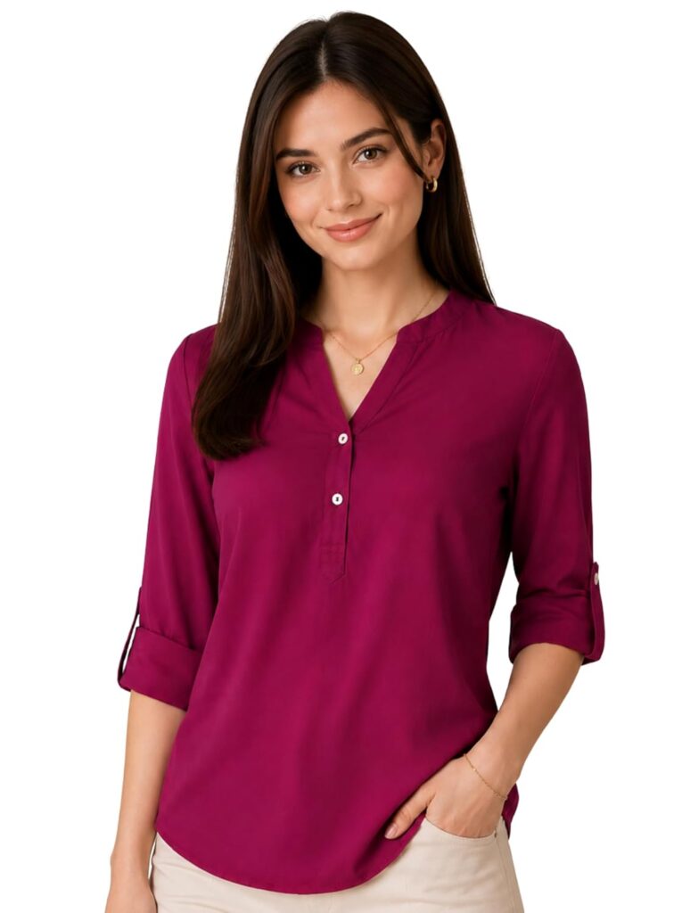 FYLTR Women's Casual Roll -Up Sleeves Rayon V-Neck Top - Western Tops | Shirts for Women | Soft & Comfortable | Tops for Jeans