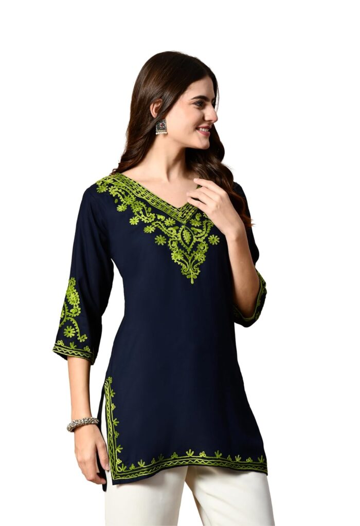 LIBOZA Embroidered Kashmiri Tunic Top, Short Kurti for Women on Jeans, V-Neck, 3/4 Sleeve, Floral Design,
