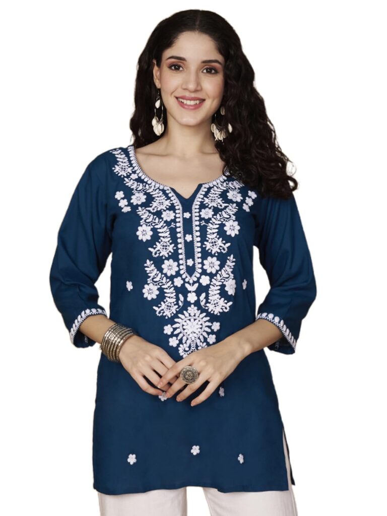 Short Kurti for Women for Jeans, Chikankari Kurtis for Ladies, Lakhnavi V- Neck Women's Tunic Design Kurta, Floral Kurtas & Tunics for Woman