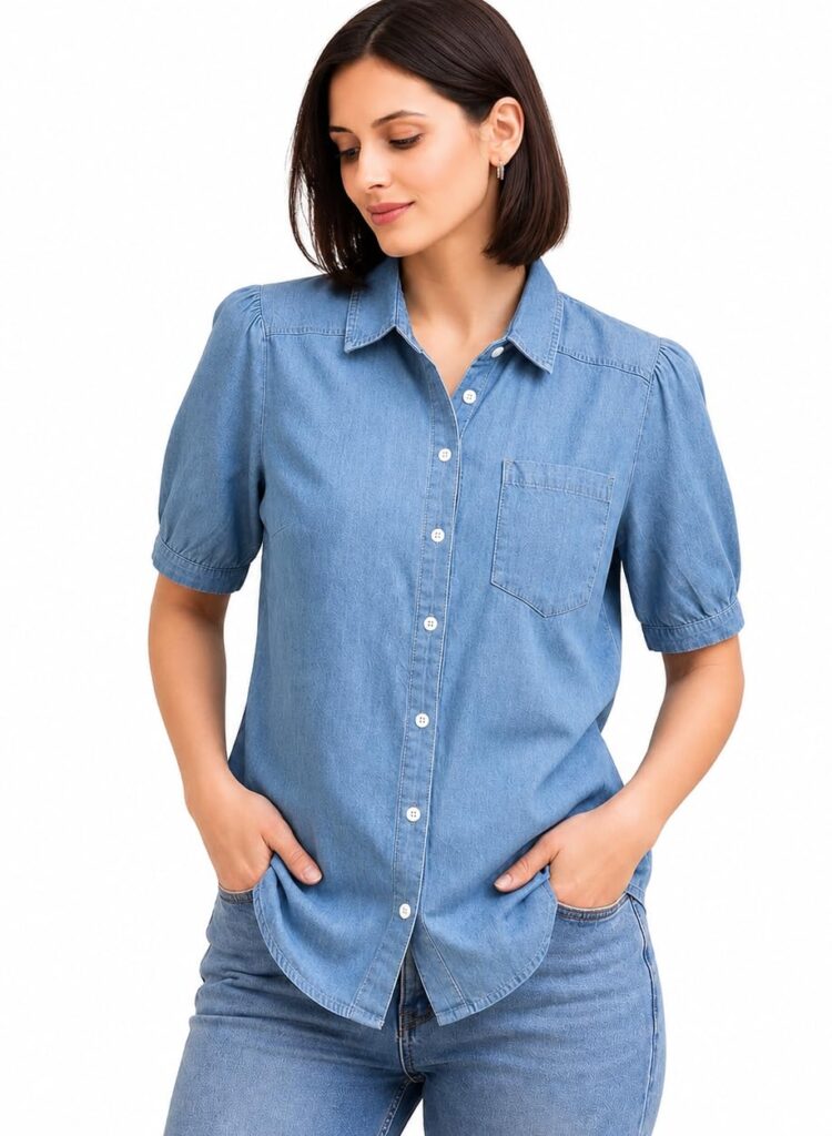 Vogaan Denim Women Shirt Classic Indigo Button-Down Shirt with Minimal Bow Detail, Relaxed Fit for Everyday Casual Elegance and Timeless Style Demin Top