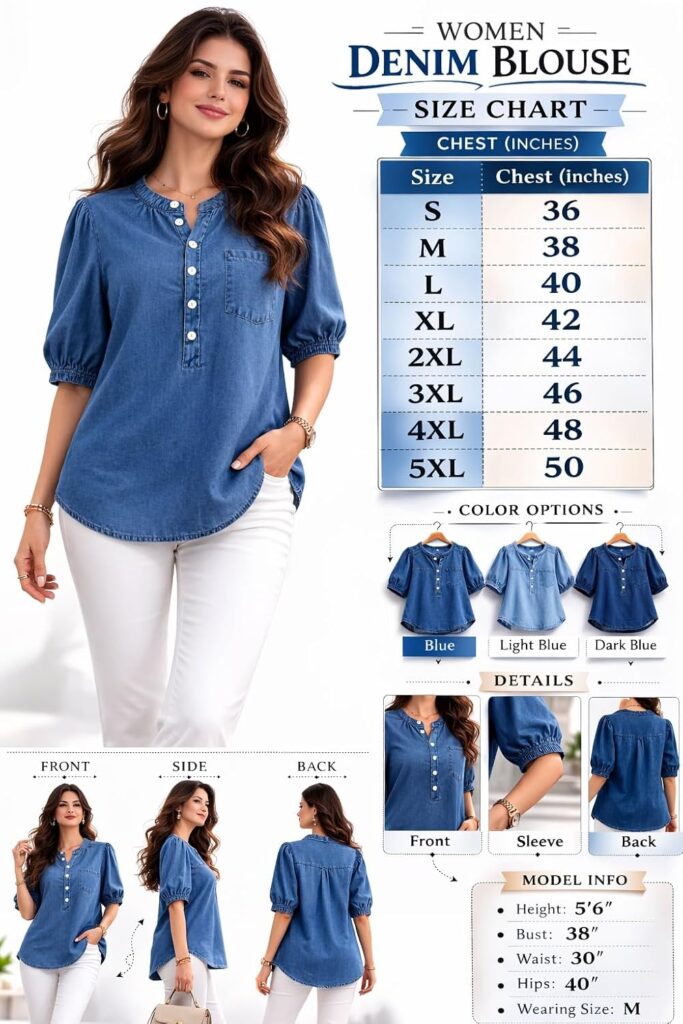 Women's Denim Shirt, Blue, Puff Sleeve, Breeze Top Button Front, Casual Top