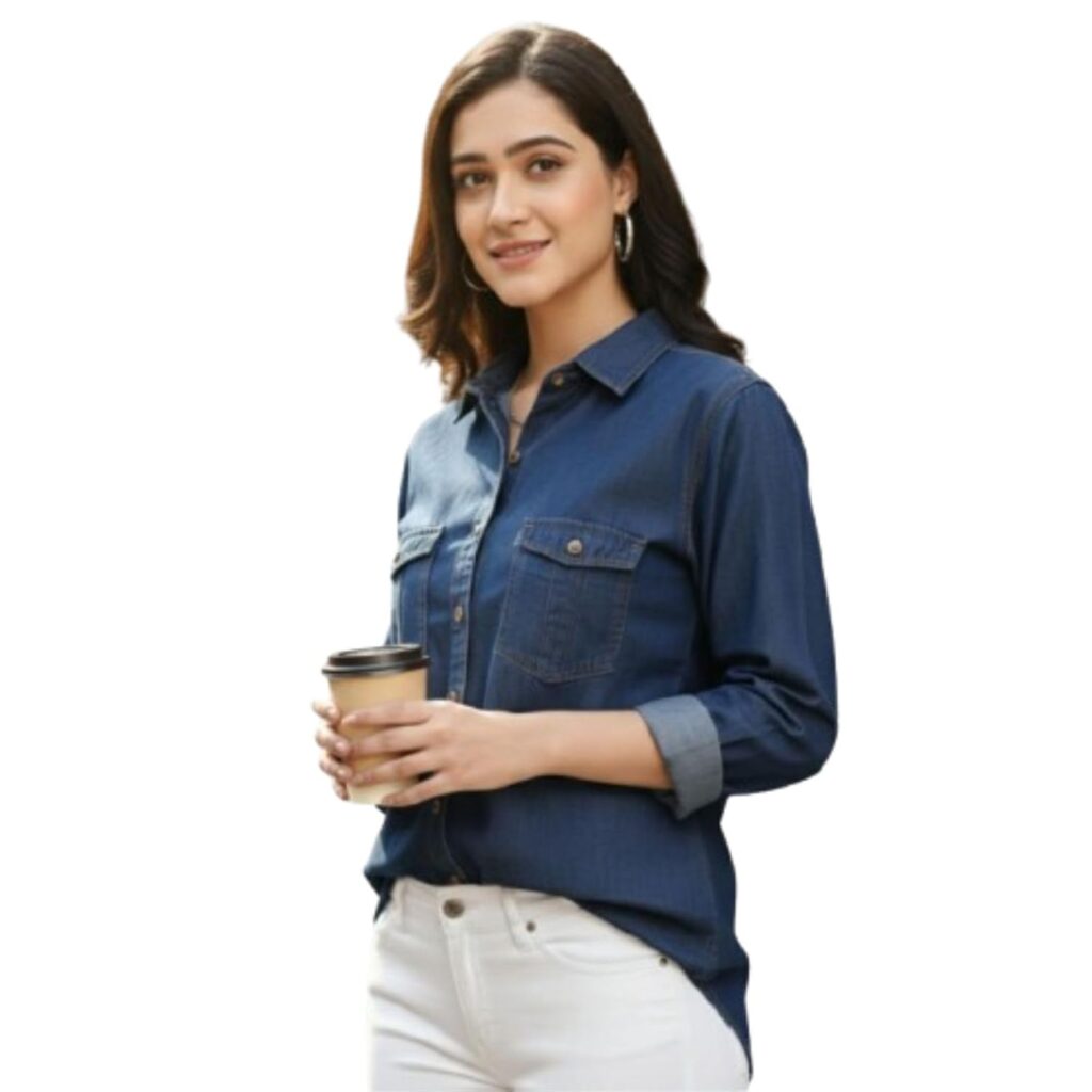Women's Denim Shirt with Regular Fit Solid Pattern Long Sleeve Collared Neck and Button Down Closure|Women's Denim Shirt
