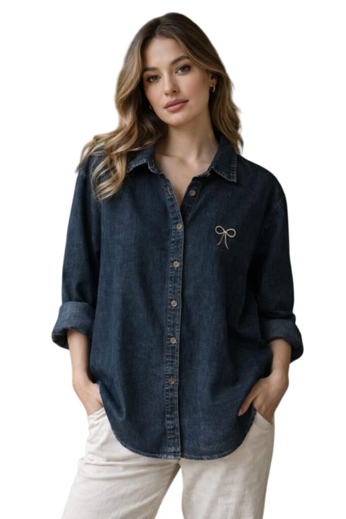 Women's Effortless Denim Charm: Classic Button-Down Shirt with Minimal Bow Detail, Relaxed Fit for Everyday Casual Elegance and Timeless Style