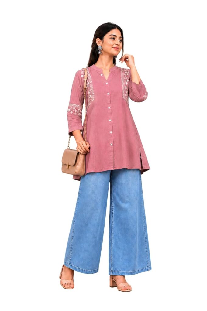 Women's Embroidered Short Kurti | College Wear & Office Wear | Casual Tunic Top | Pair with Jeans, Palazzo & Trousers