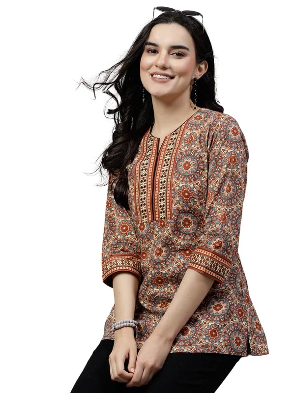 Women's Ethnic Printed Rayon Short Kurta | Stylish Round Neck V-Slit Straight Kurti | Comfortable, Office & Casual Kurta for Jeans, Leggings & Trousers