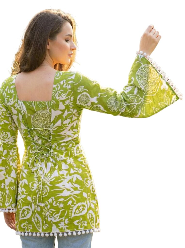Women's Premium Viscose Rayon Floral Printed Short Kurti | Stylish Bell Sleeves with Pom-Pom Lace | Tunic Top for Jeans & Office Wear