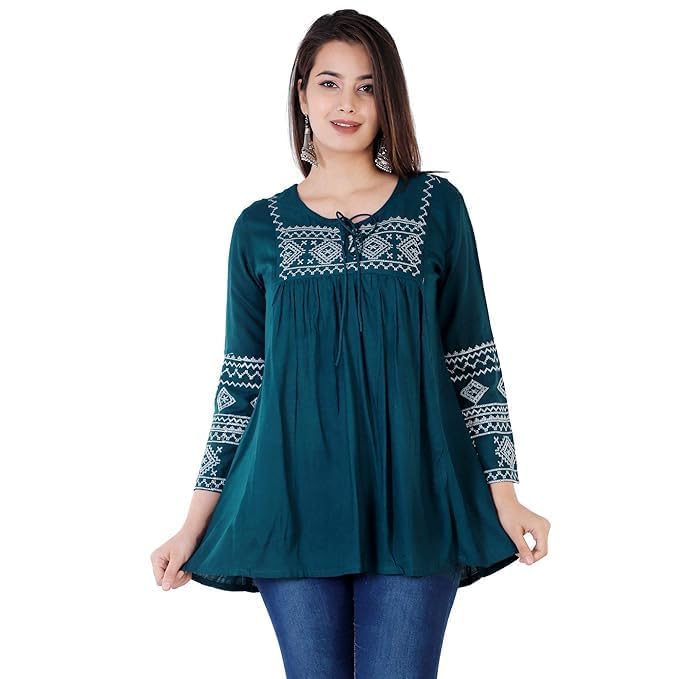 Women’s Rayon Heavy Embroidery Top - Regular Fit Tunic with Tassels | Stylish Office Wear Festival Kurti Top for Summer