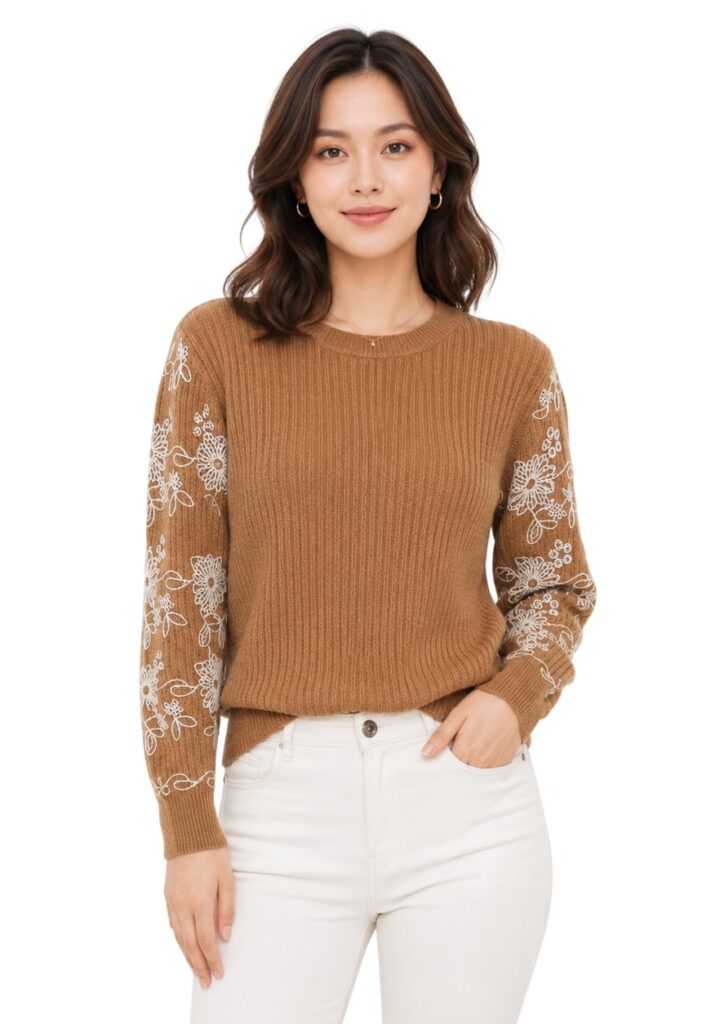 Women’s Textured Knit Top with Embroidered Lace Sleeves | Full Sleeve Casual Wear Top for Women | Round Neck Elegant T-Shirt