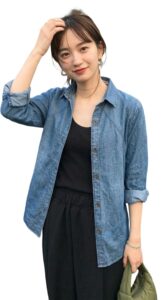 Women's Classic Denim Shirt - Long Sleeve Button Down Jean Shirt, Relaxed Fit Light Wash Cotton Chambray Blouse, Casual Western Style Oversized Shacket for Layering, Soft Lightweight Top Blue