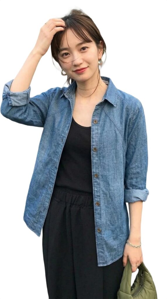 Women's Classic Denim Shirt - Long Sleeve Button Down Jean Shirt, Relaxed Fit Light Wash Cotton Chambray Blouse, Casual Western Style Oversized Shacket for Layering, Soft Lightweight Top Blue