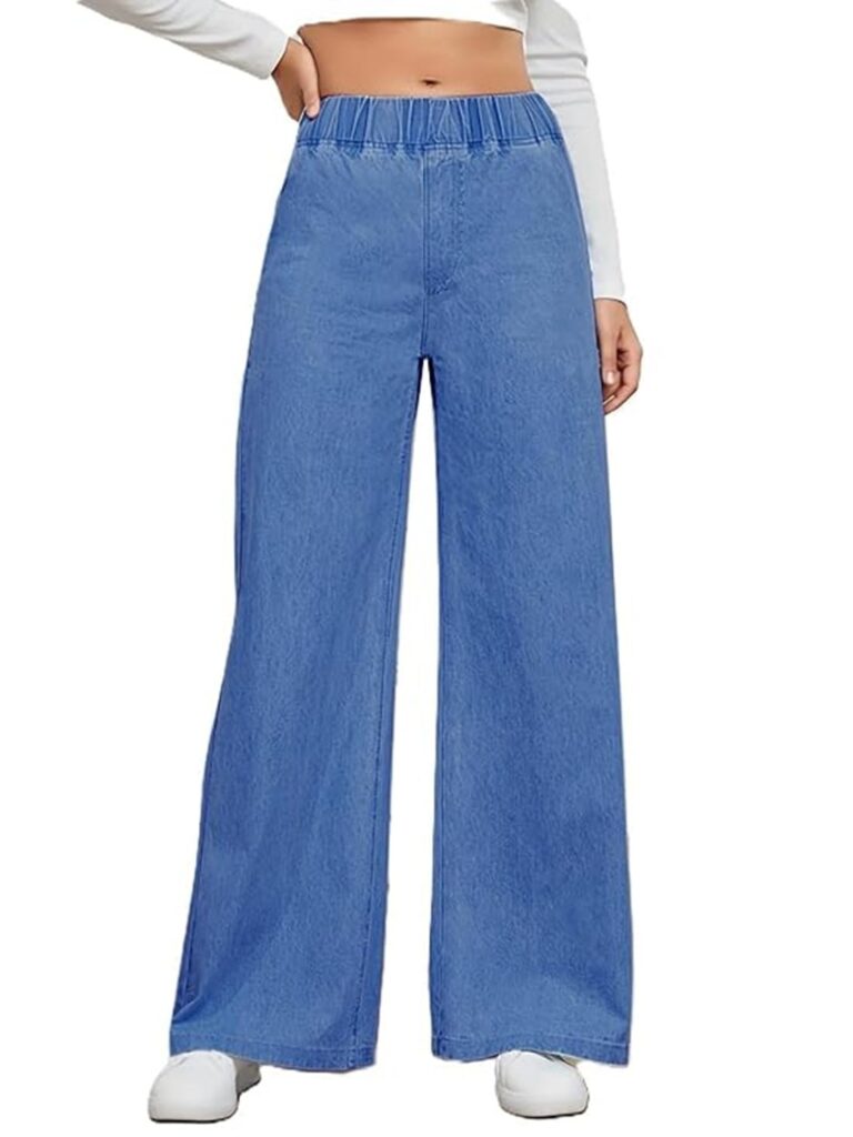 ADBUCKS Women's Stretch Denim Wide Leg Jeans Comfort Fit with Elastic Waistband, Straight Cut, Casual Style for All Seasons, Versatile Clothing