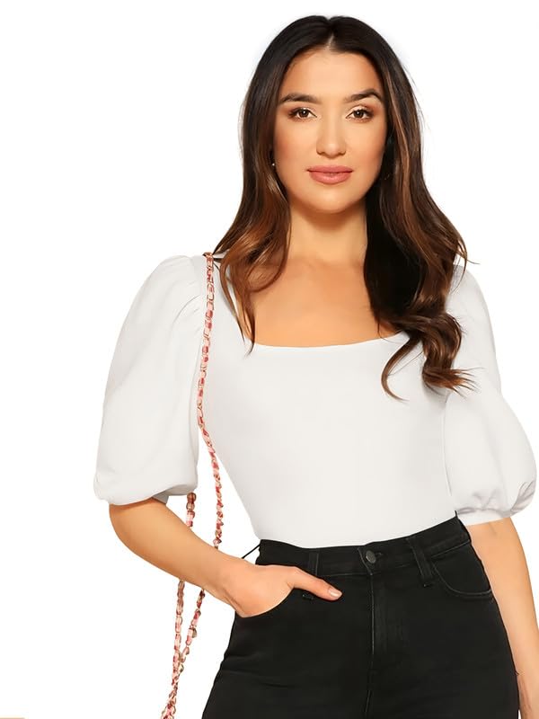 Dream Beauty Fashion Women's Bishop Puff Sleeves Square Neck Slim Top Polyester Blend (BZF-Top-Eva)