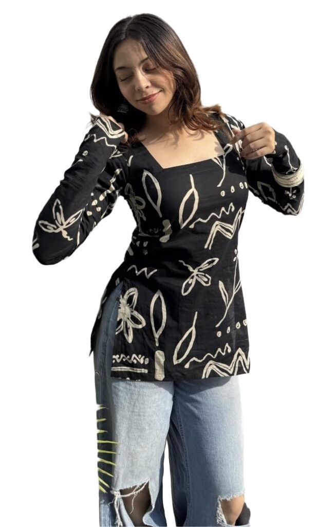 FELISIA Women's Full Sleeves Rayon Printed Square Neck Short Kurti, Bell Sleeves, Short Kurti for Women, Stylish Ethnic Top, Daily Casual Western & Office wear