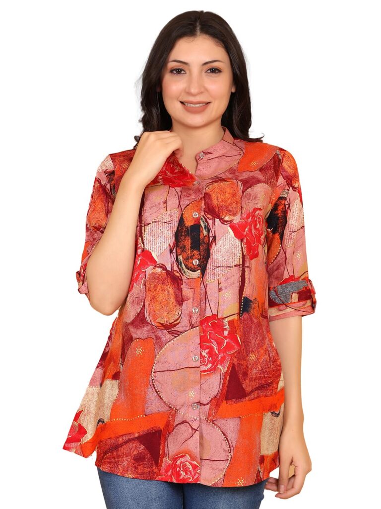 FIMS - Fashion is my style Rayon Abstract Printed Short Kurti for Women, Tunics Tops, Ethnic Wear for Office, Flared, Mandarin Collar V Neck, Roll-Up Sleeves, Summer Wear, Ideal Gift for Girls