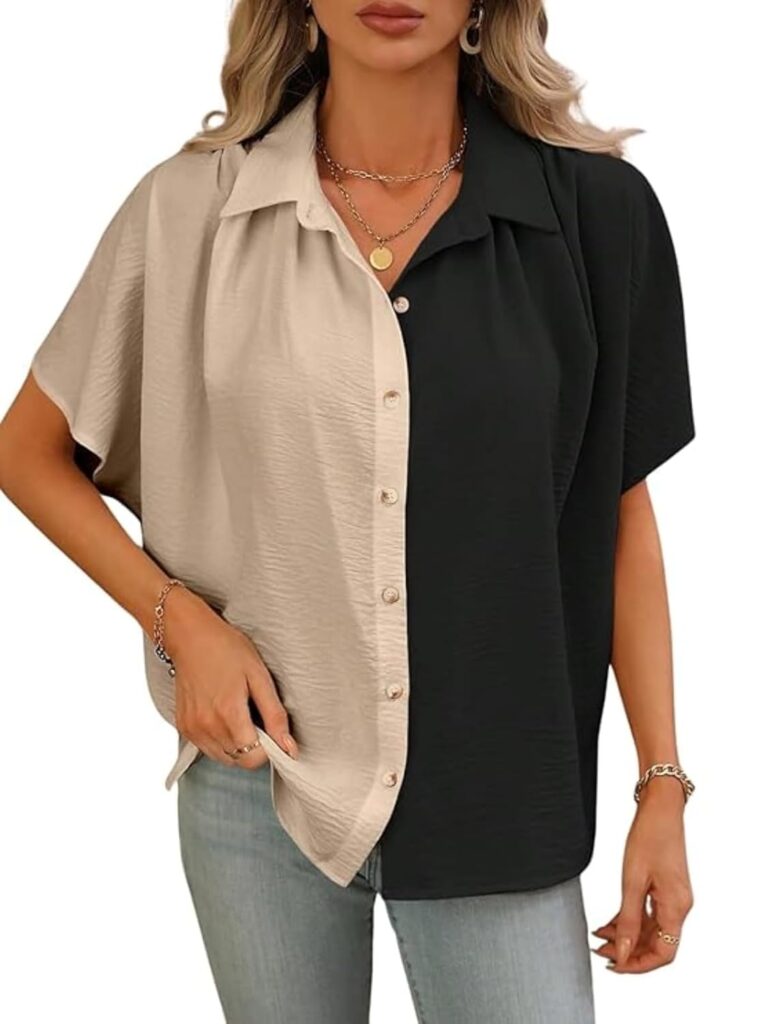 GRECIILOOKS Polycotton Shirt for Women | Shirt Top | Color Block Button Down Blouse Casual Loose Fit Short Sleeve Summer Shirts Work, Vacation & Everyday Wear