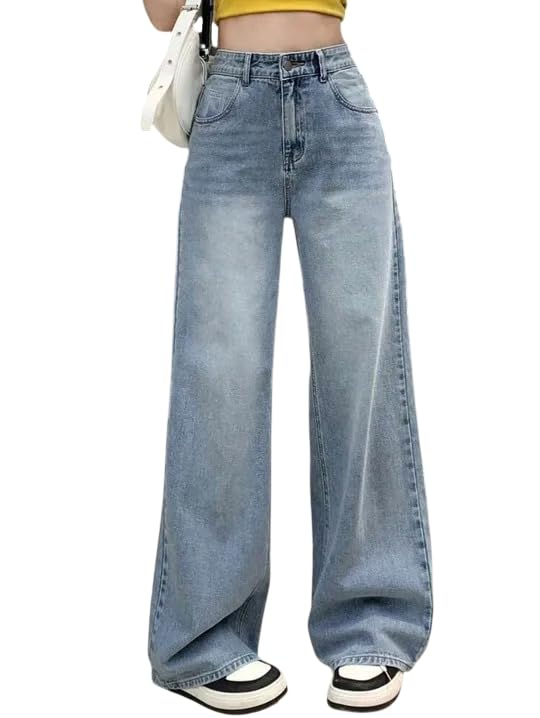 KOTTY Women Trendy Wide Leg Jeans High Waist Baggy Fit Denim Streetwear Jeans