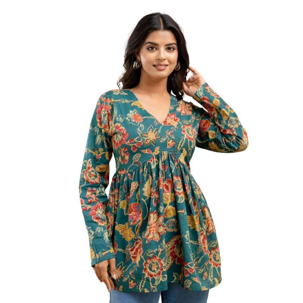 LABEL ADRIJA Cotton V Neck Anarkali Short Kurti for Women Full Sleeve Floral Print | Short Kurtis for Women on Jeans