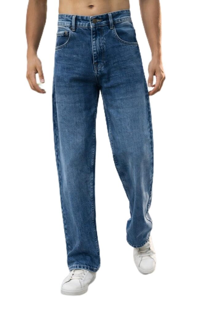 Men's Wide Leg Jeans in Mid Blue Washed Denim