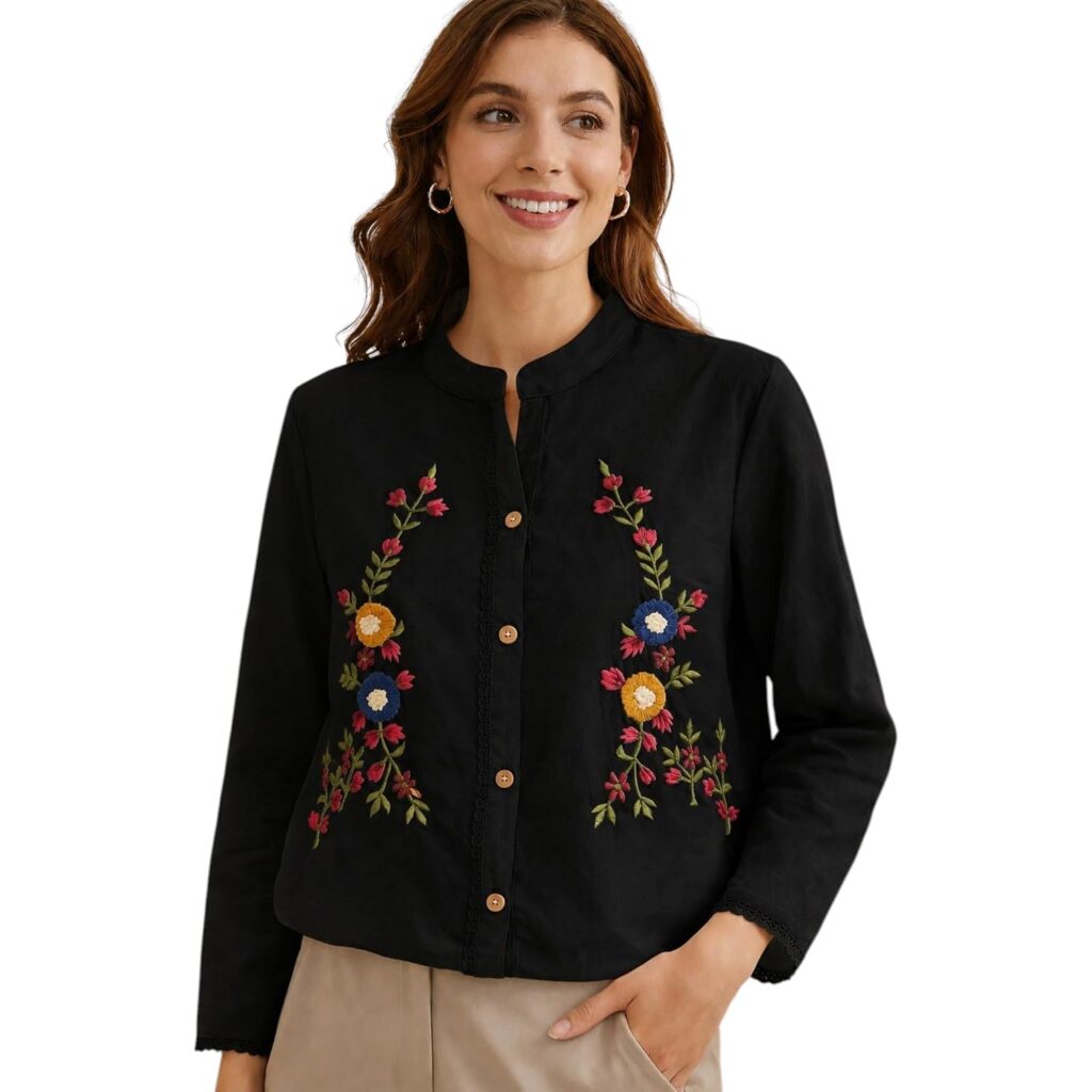 RIEKA Womens Off White Cotton Shirt with Multicolour Floral Embroidery Button Down Mandarin Collar Relaxed Fit Casual Wear Top