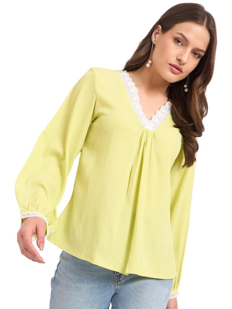 SheWill Thread Embroide Georgette Shirt Style Top with Button-Down Front, Colla Neckline, and Long Sleeves for a Chic and Elegant Everyday Look