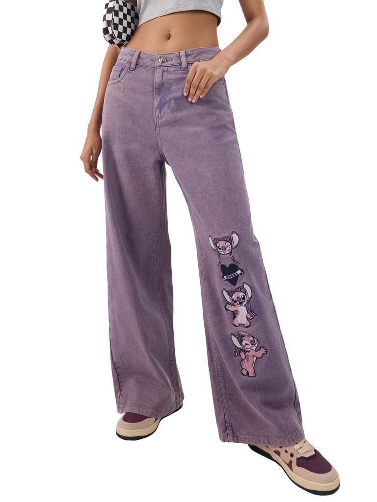 The Souled Store Official Lilo & Stitch: Angel Women and Girls Cotton Blend Wide Leg Fit Jeans