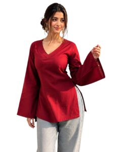 Women's Cotton Short Kurti Black Solid Plain V Neck Full Bell Sleeve Casual Stylish Short Kurta for Women for Jeans Daily Girl Top