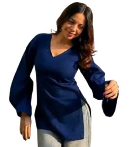 Women's Rayon Short Kurti | Solid Black V-Neck Top | Full Bell Sleeves | Casual Stylish Short Kurta for Women | Regular Fit Tunic for Jeans, Office, College & Daily
