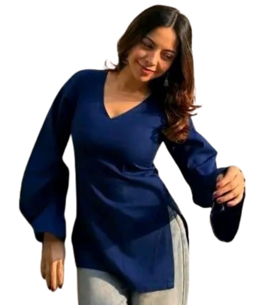 Women's Rayon Short Kurti | Solid Black V-Neck Top | Full Bell Sleeves | Casual Stylish Short Kurta for Women | Regular Fit Tunic for Jeans, Office, College & Daily