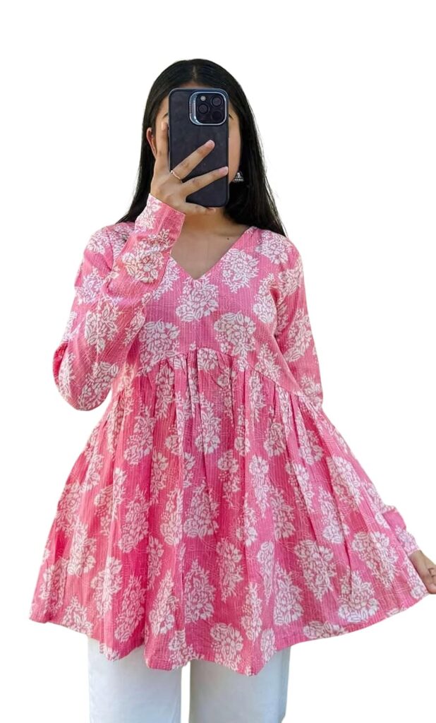 Women's V Neck Short Kurti for Women | Floral Printed Cotton Blend Kurti | Full Sleeve Flared Tunic Top | Casual Ethnic Kurta Top for Women | Stylish Kurti with Jeans